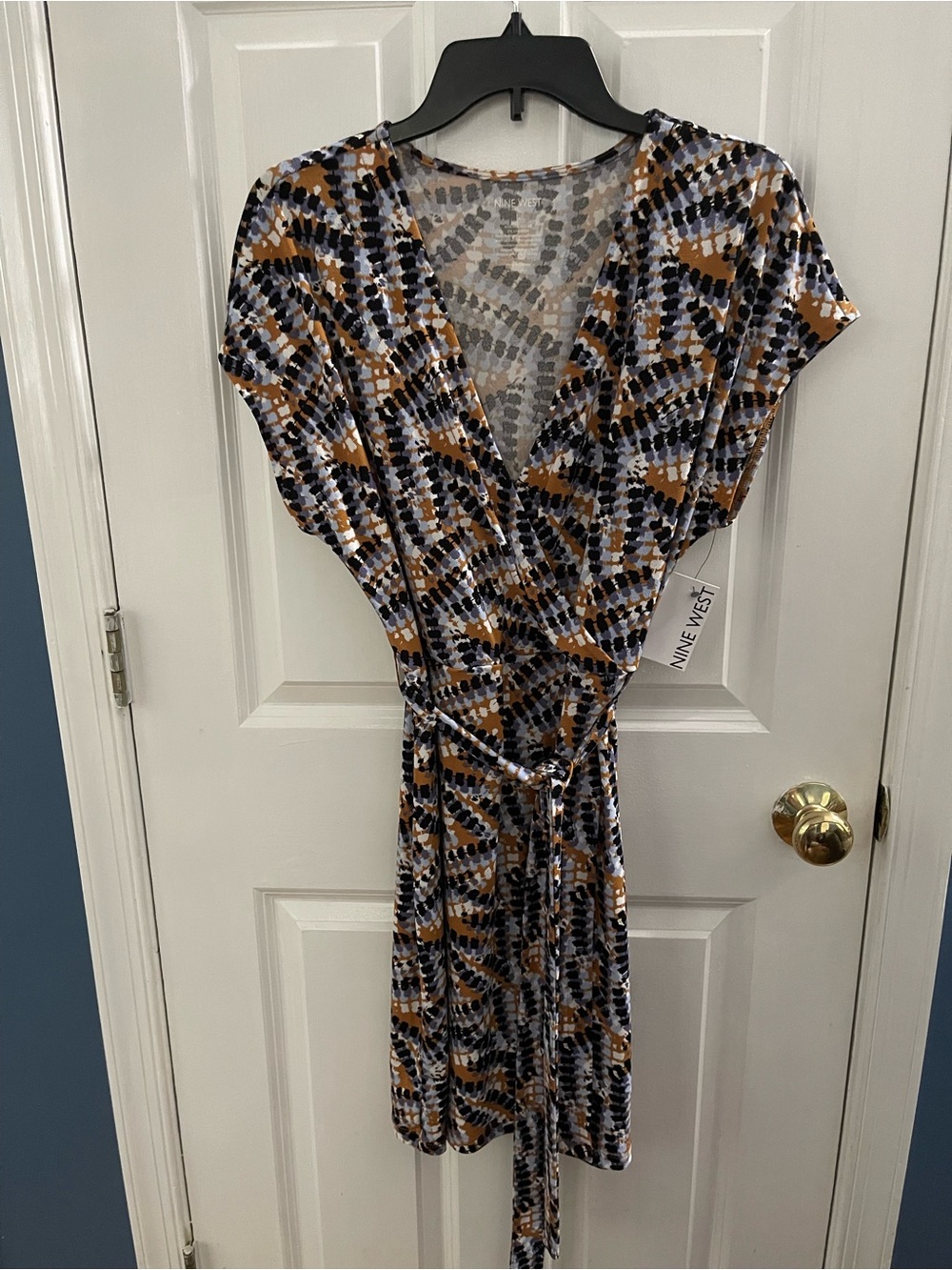 Nine West Black, White & Tan Printed Wrap Dress